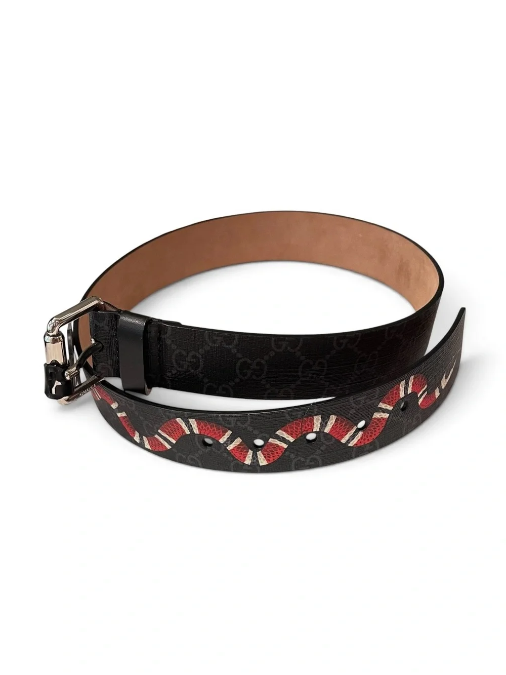 NWT Gucci Black Leather Belt with Red and White Snake Detail